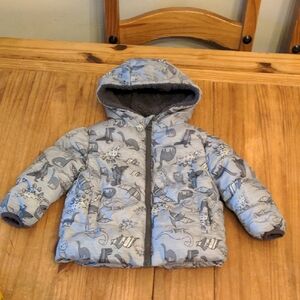 Swiss Tech Gray/White Toddler Dino Print Hooded Puffy Jacket, Size 18 months